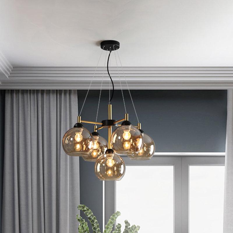 Amber Smoke Grey Glass Spherical Chandelier Light Modernism 5 Heads Black Finish Pendant Lighting Fixture - Rebooters