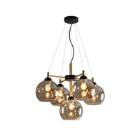 Amber Smoke Grey Glass Spherical Chandelier Light Modernism 5 Heads Black Finish Pendant Lighting Fixture - Rebooters