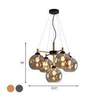 Amber Smoke Grey Glass Spherical Chandelier Light Modernism 5 Heads Black Finish Pendant Lighting Fixture - Rebooters