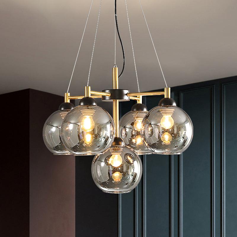 Amber Smoke Grey Glass Spherical Chandelier Light Modernism 5 Heads Black Finish Pendant Lighting Fixture - Rebooters