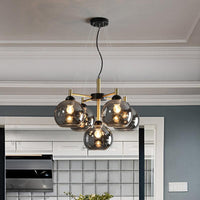 Amber Smoke Grey Glass Spherical Chandelier Light Modernism 5 Heads Black Finish Pendant Lighting Fixture - Rebooters