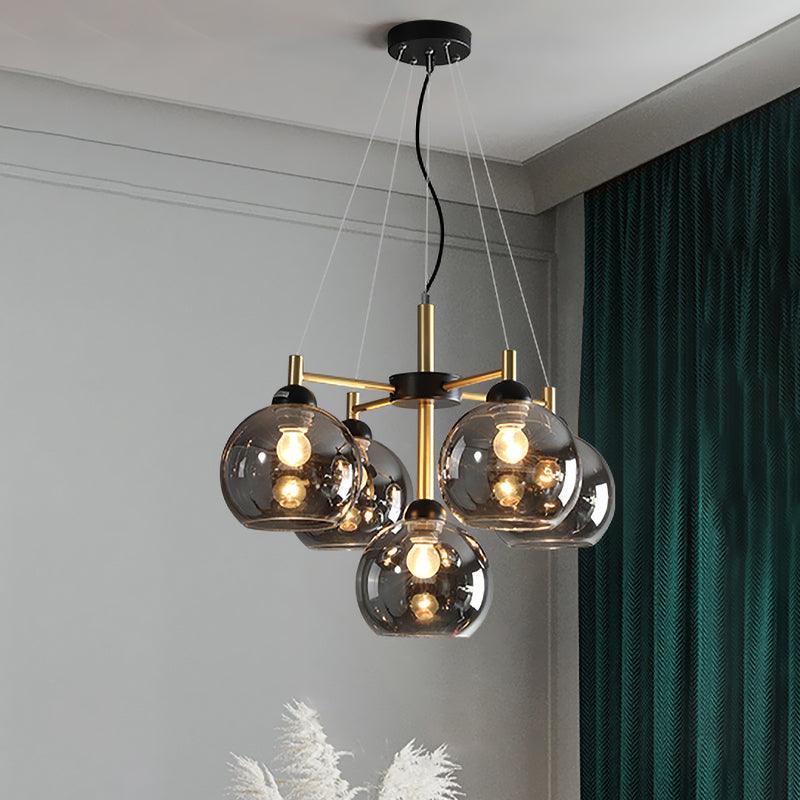 Amber Smoke Grey Glass Spherical Chandelier Light Modernism 5 Heads Black Finish Pendant Lighting Fixture - Rebooters