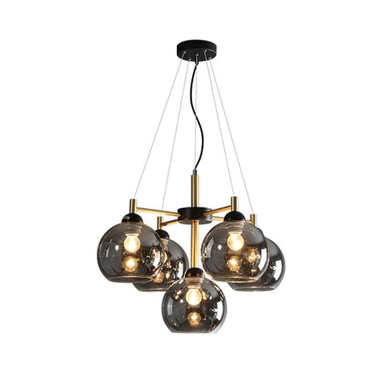 Amber Smoke Grey Glass Spherical Chandelier Light Modernism 5 Heads Black Finish Pendant Lighting Fixture - Rebooters