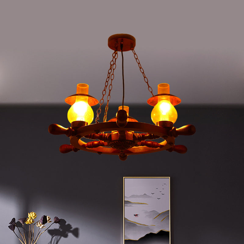 3 Heads Ceiling Chandelier Industrial Dining Room Wood Pendant Light with Vase Yellow Glass Shade - Rebooters