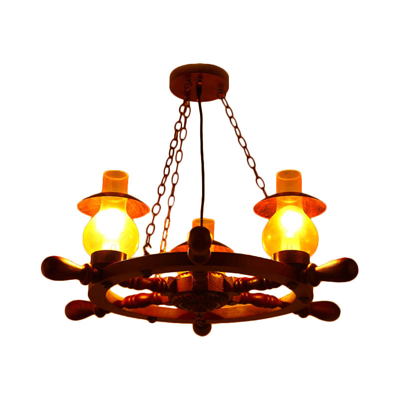 3 Heads Ceiling Chandelier Industrial Dining Room Wood Pendant Light with Vase Yellow Glass Shade - Rebooters