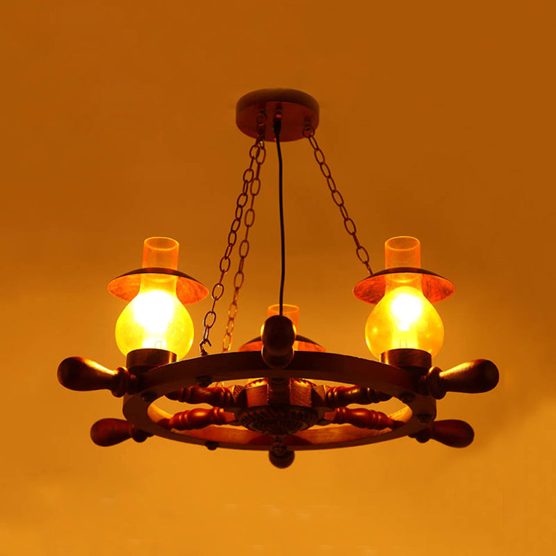 3 Heads Ceiling Chandelier Industrial Dining Room Wood Pendant Light with Vase Yellow Glass Shade - Rebooters