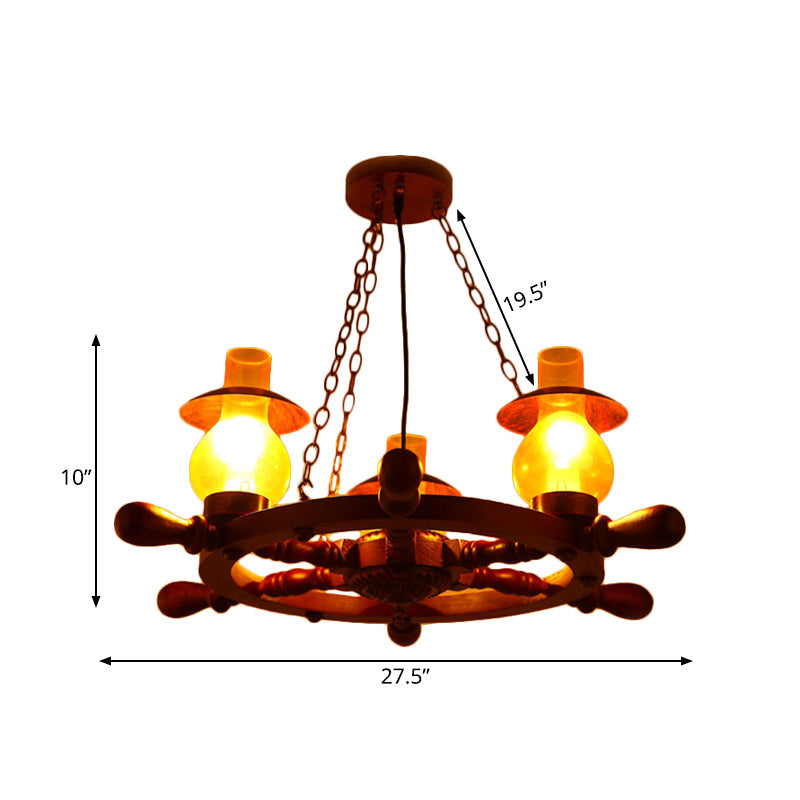 3 Heads Ceiling Chandelier Industrial Dining Room Wood Pendant Light with Vase Yellow Glass Shade - Rebooters