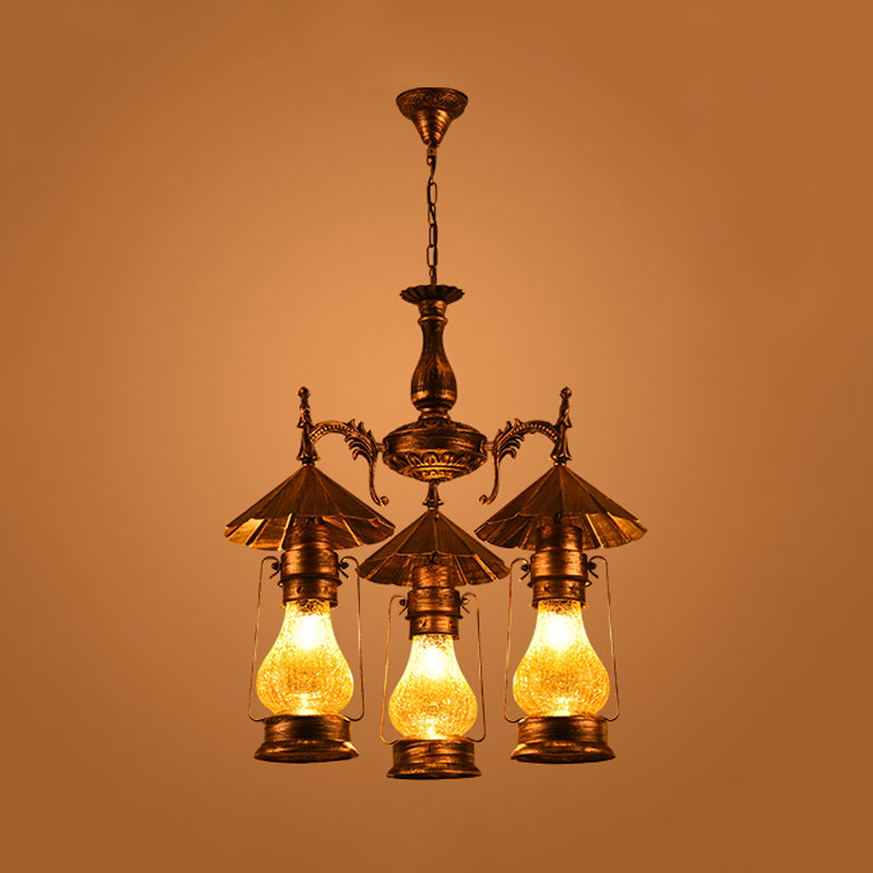 Bronze 3 Heads Pendant Chandelier Warehouse Yellow Crackle White Glass Kerosene Hanging Light for Restaurant - Rebooters