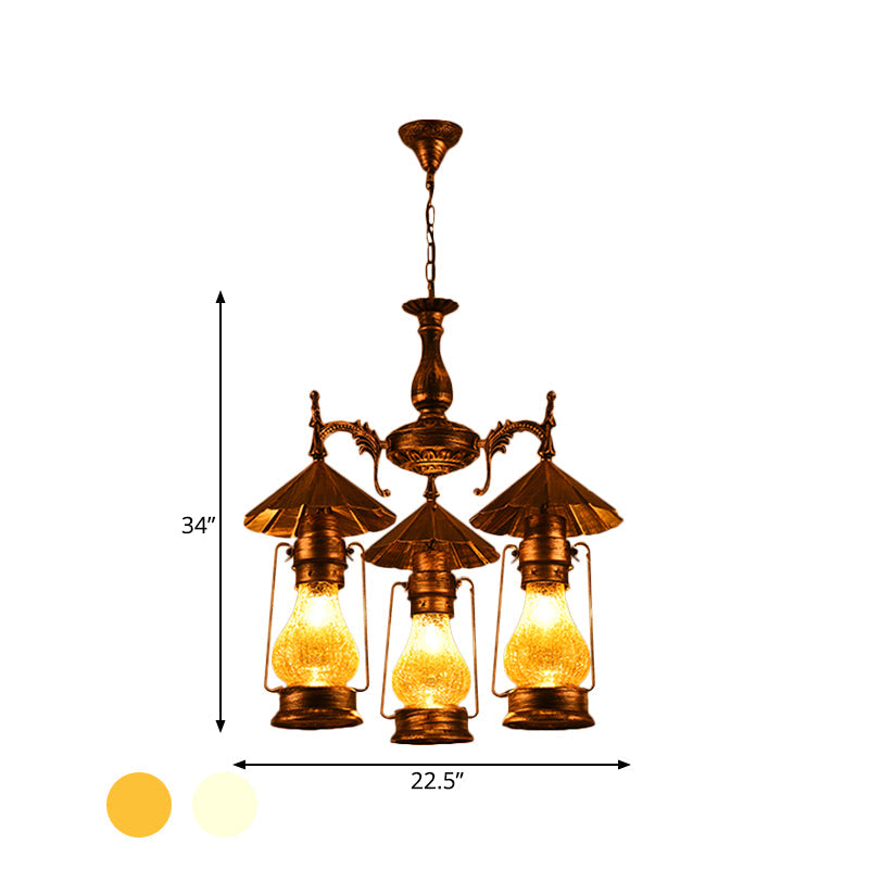 Bronze 3 Heads Pendant Chandelier Warehouse Yellow Crackle White Glass Kerosene Hanging Light for Restaurant - Rebooters