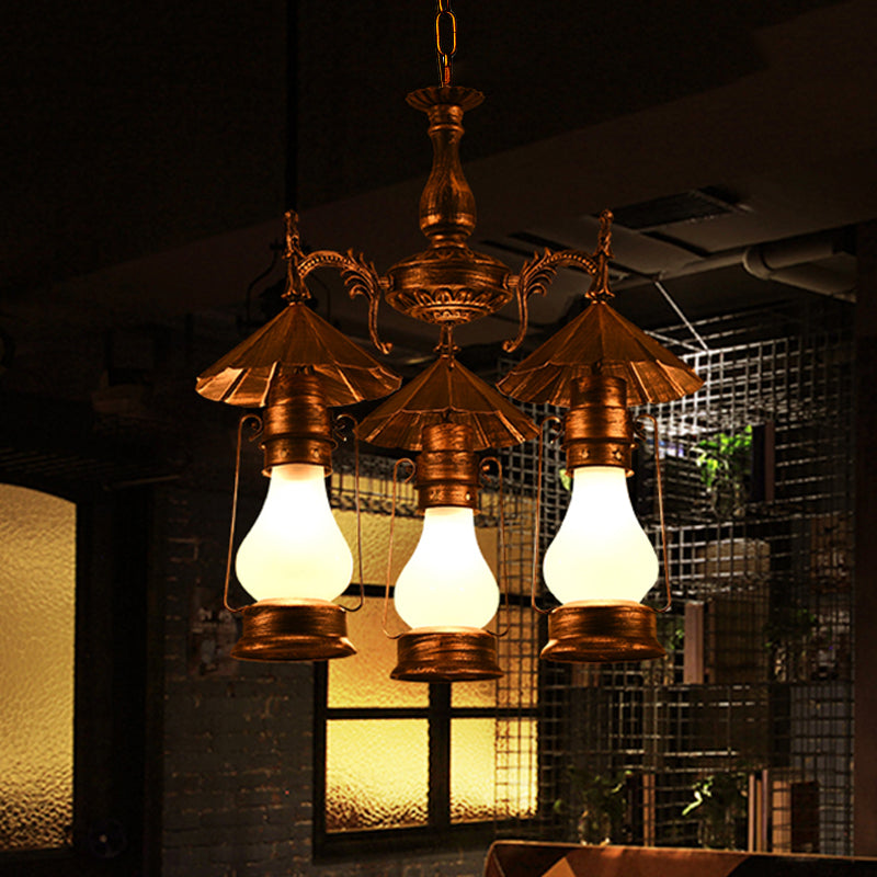 Bronze 3 Heads Pendant Chandelier Warehouse Yellow Crackle White Glass Kerosene Hanging Light for Restaurant - Rebooters