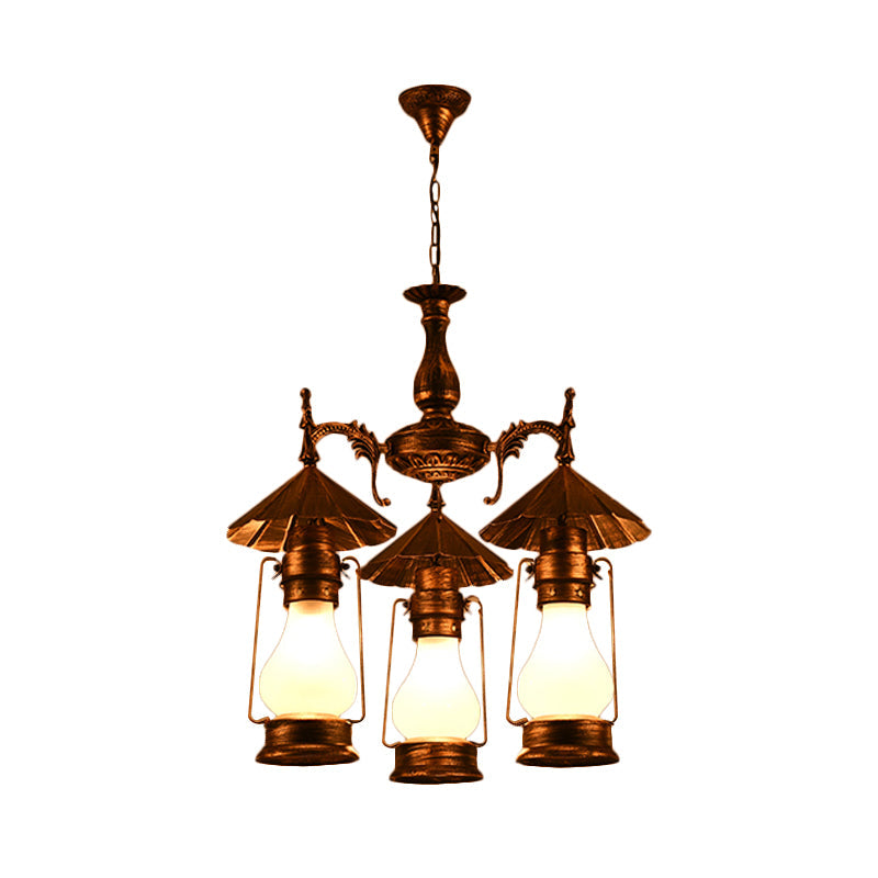 Bronze 3 Heads Pendant Chandelier Warehouse Yellow Crackle White Glass Kerosene Hanging Light for Restaurant - Rebooters