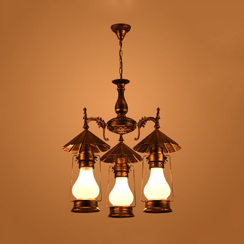 Bronze 3 Heads Pendant Chandelier Warehouse Yellow Crackle White Glass Kerosene Hanging Light for Restaurant - Rebooters