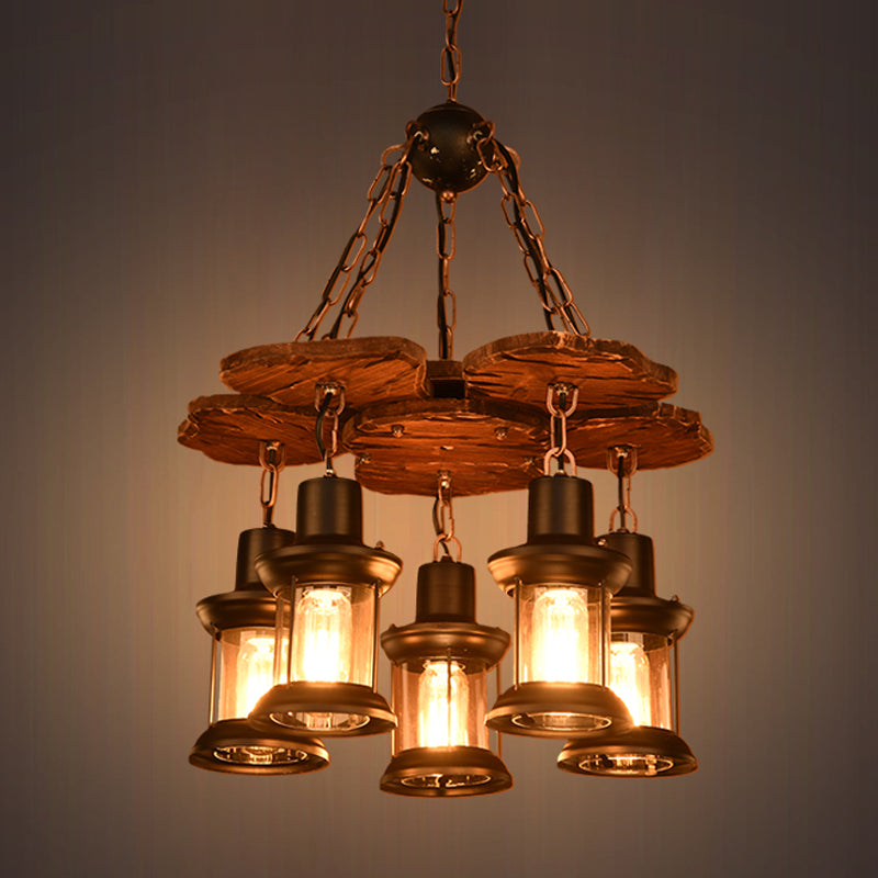 5 Lights Chandelier Light Fixture Farm Dining Room Wood Pendant - Rebooters