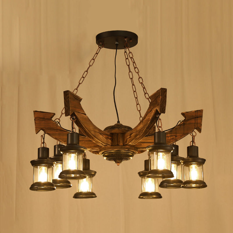 8 Lights Pendant Chandelier Farm Clear Glass Suspension Lamp in Black with Wood Anchor Deco - Rebooters