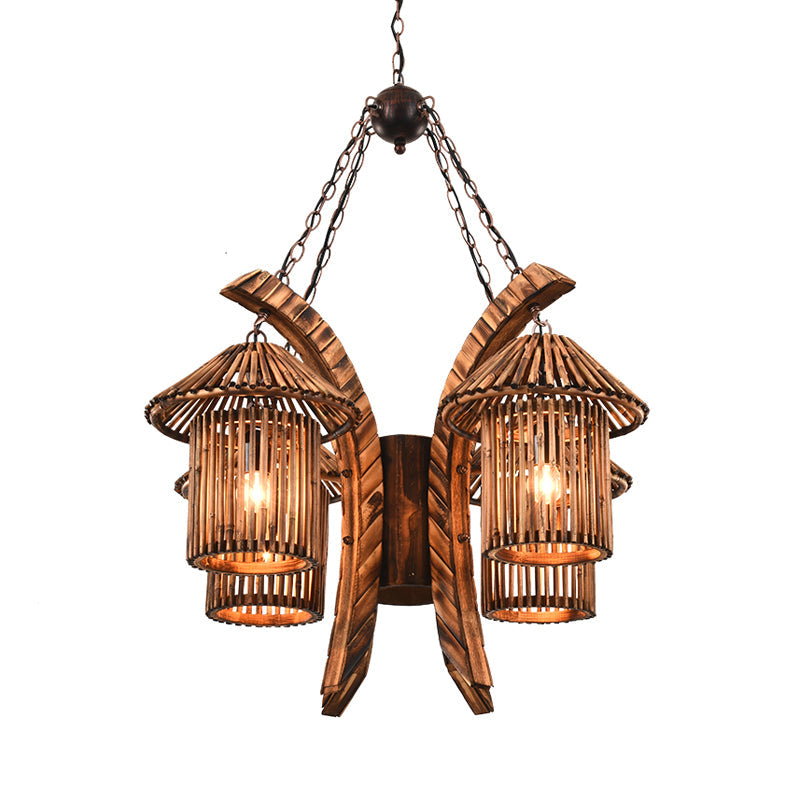 4 Lights Wood Chandelier Light Warehouse Brown Lantern Dining Room - Rebooters