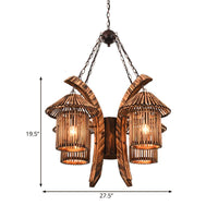 4 Lights Wood Chandelier Light Warehouse Brown Lantern Dining Room - Rebooters