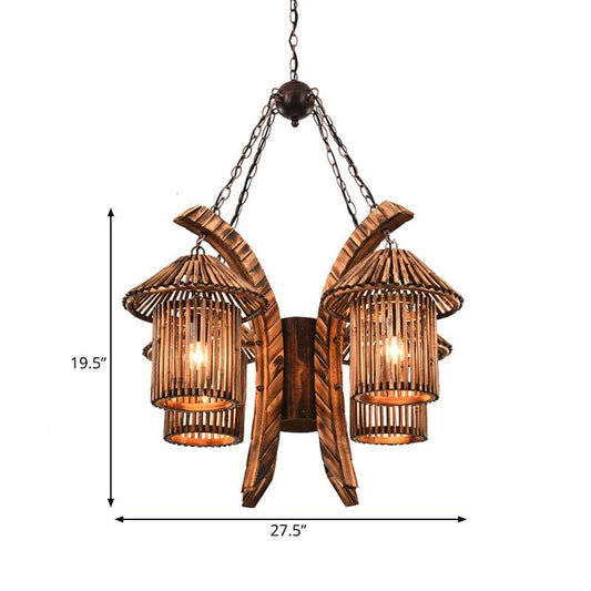 4 Lights Wood Chandelier Light Warehouse Brown Lantern Dining Room - Rebooters