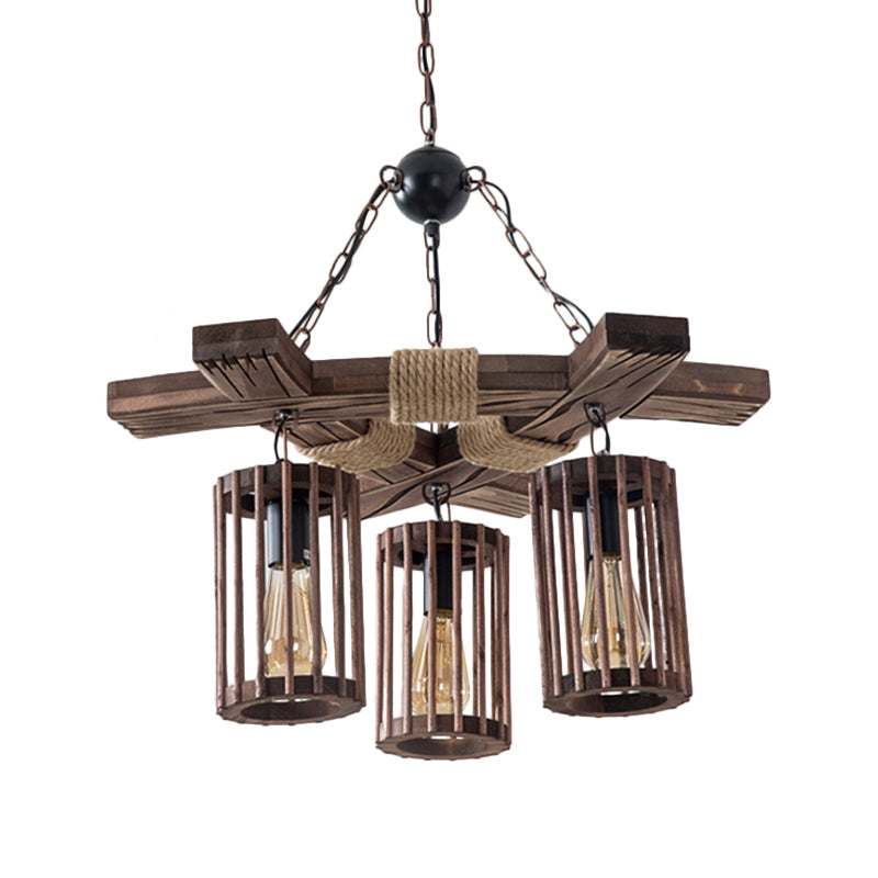 Wood Brown Chandelier Lighting Cylinder 3/6-Light Vintage Pendant - Rebooters