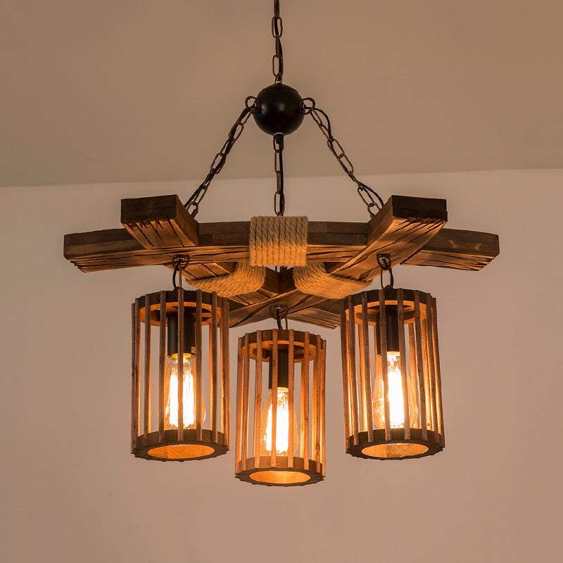 Wood Brown Chandelier Lighting Cylinder 3/6-Light Vintage Pendant - Rebooters