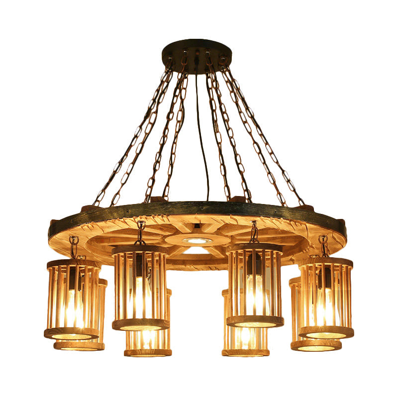 Retro Cylinder Chandelier Light Fixture 8-Bulb Wood Pendant - Rebooters