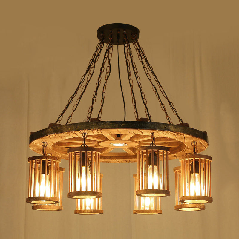 Retro Cylinder Chandelier Light Fixture 8-Bulb Wood Pendant - Rebooters