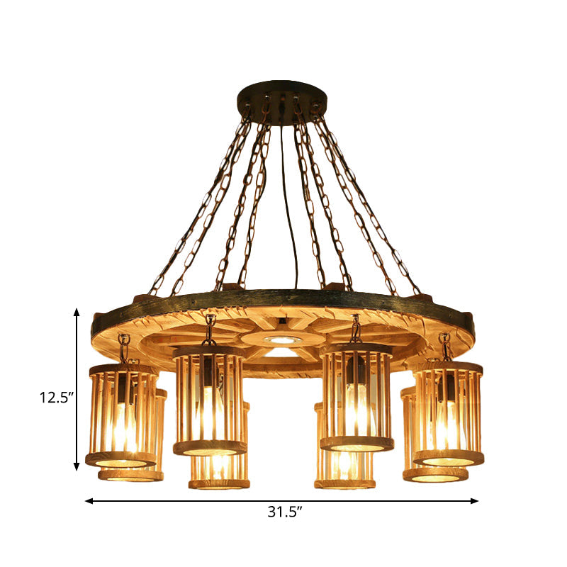 Retro Cylinder Chandelier Light Fixture 8-Bulb Wood Pendant - Rebooters