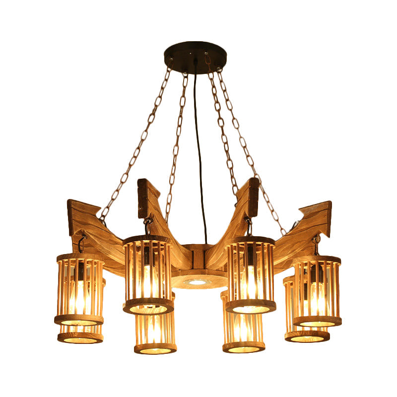 6/8-Head Cylinder Chandelier Lighting Fixture Industrial Brown Wood Hanging Ceiling Light - Rebooters