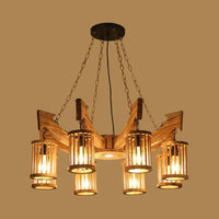 6/8-Head Cylinder Chandelier Lighting Fixture Industrial Brown Wood Hanging Ceiling Light - Rebooters