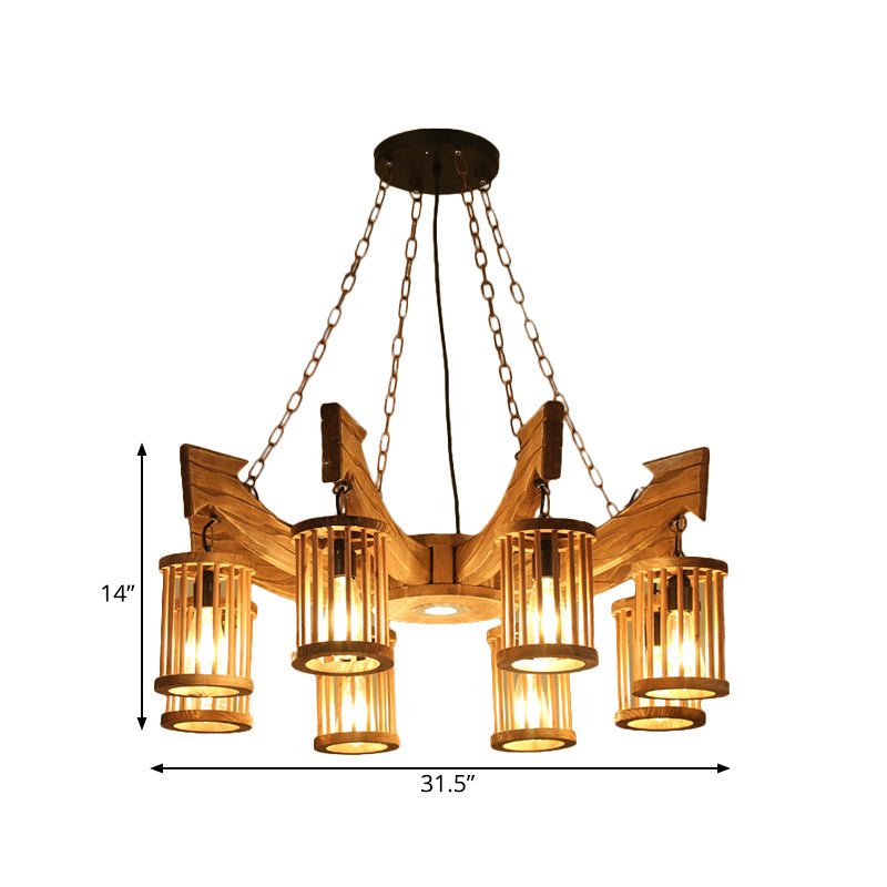 6/8-Head Cylinder Chandelier Lighting Fixture Industrial Brown Wood Hanging Ceiling Light - Rebooters