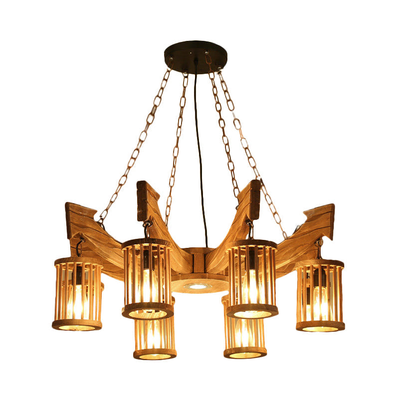 6/8-Head Cylinder Chandelier Lighting Fixture Industrial Brown Wood Hanging Ceiling Light - Rebooters