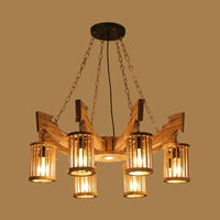6/8-Head Cylinder Chandelier Lighting Fixture Industrial Brown Wood Hanging Ceiling Light - Rebooters