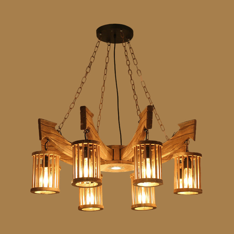 6/8-Head Cylinder Chandelier Lighting Fixture Industrial Brown Wood Hanging Ceiling Light - Rebooters