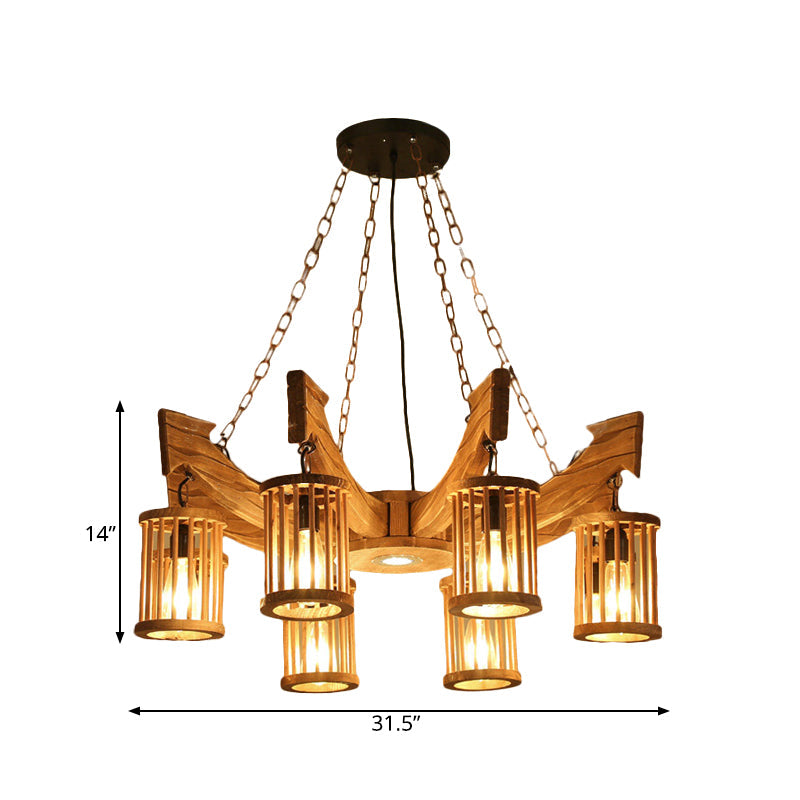 6/8-Head Cylinder Chandelier Lighting Fixture Industrial Brown Wood Hanging Ceiling Light - Rebooters