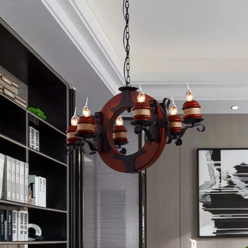 4/6 Lights Candle Chandelier Light Fixture Vintage Brown Wood Pendant Lighting with Round Design - Rebooters