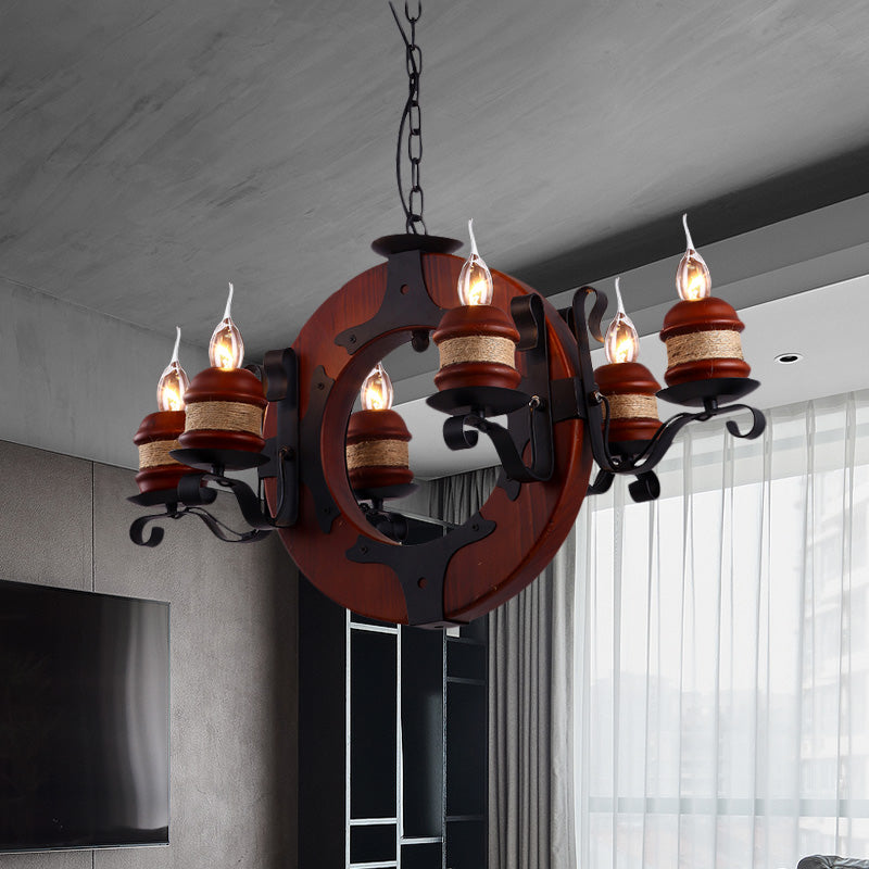 4/6 Lights Candle Chandelier Light Fixture Vintage Brown Wood Pendant Lighting with Round Design - Rebooters