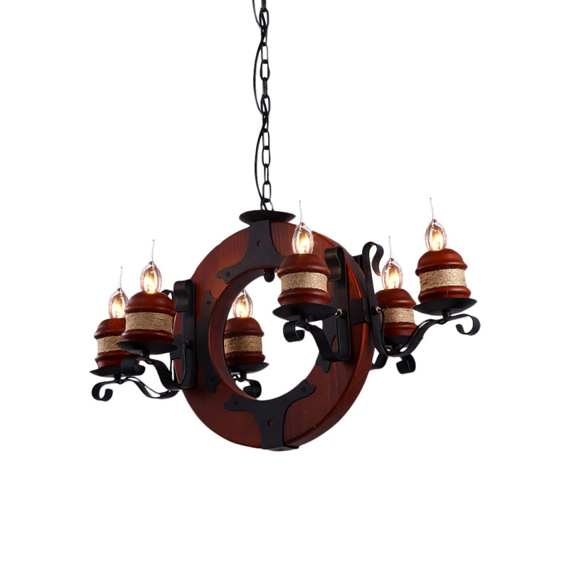 4/6 Lights Candle Chandelier Light Fixture Vintage Brown Wood Pendant Lighting with Round Design - Rebooters