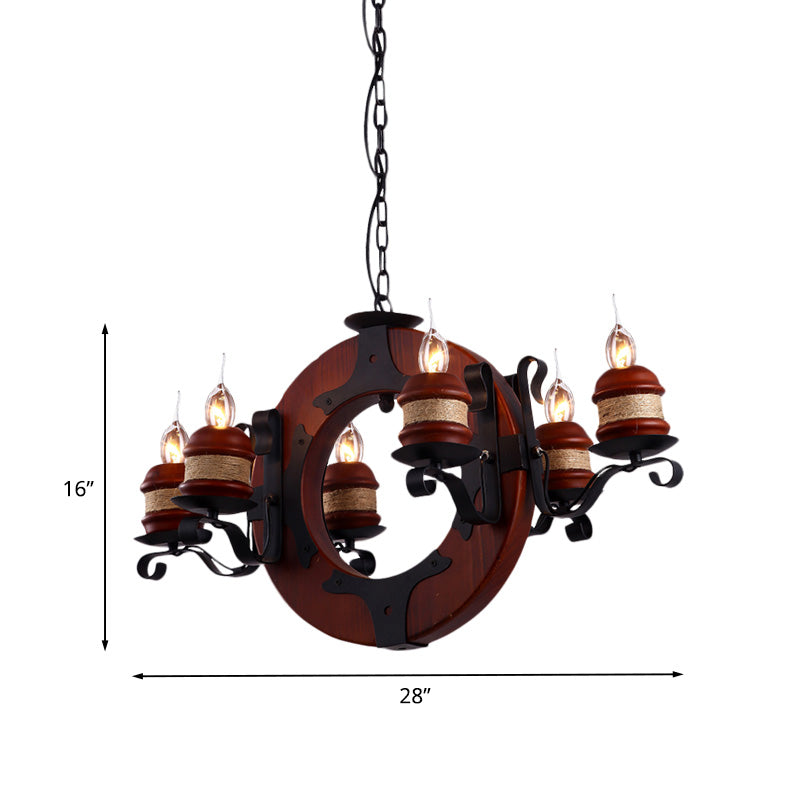 4/6 Lights Candle Chandelier Light Fixture Vintage Brown Wood Pendant Lighting with Round Design - Rebooters