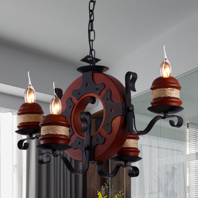 4/6 Lights Candle Chandelier Light Fixture Vintage Brown Wood Pendant Lighting with Round Design - Rebooters