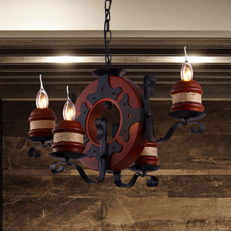 4/6 Lights Candle Chandelier Light Fixture Vintage Brown Wood Pendant Lighting with Round Design - Rebooters