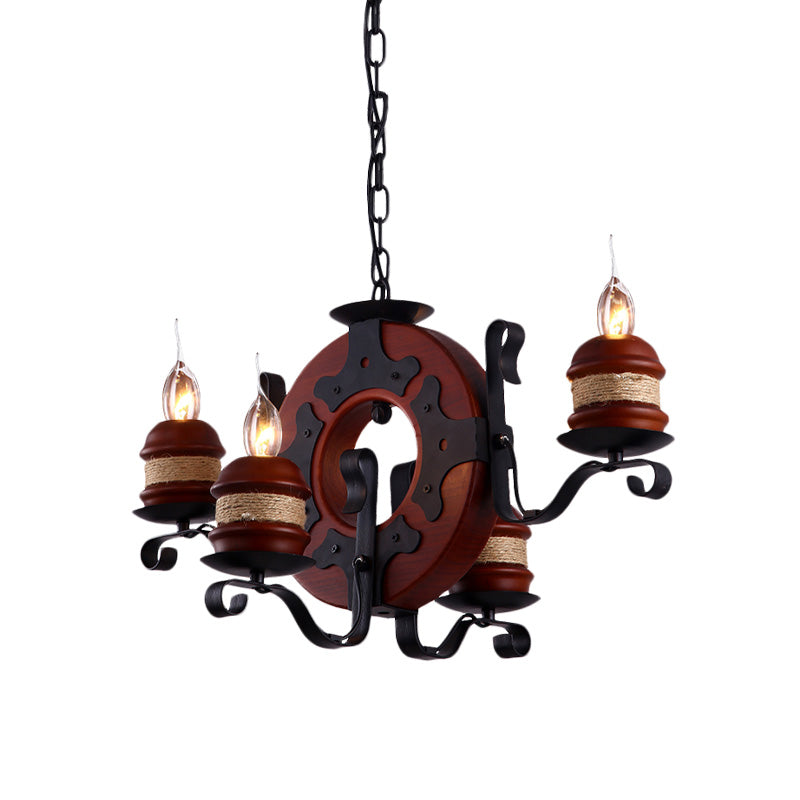 4/6 Lights Candle Chandelier Light Fixture Vintage Brown Wood Pendant Lighting with Round Design - Rebooters