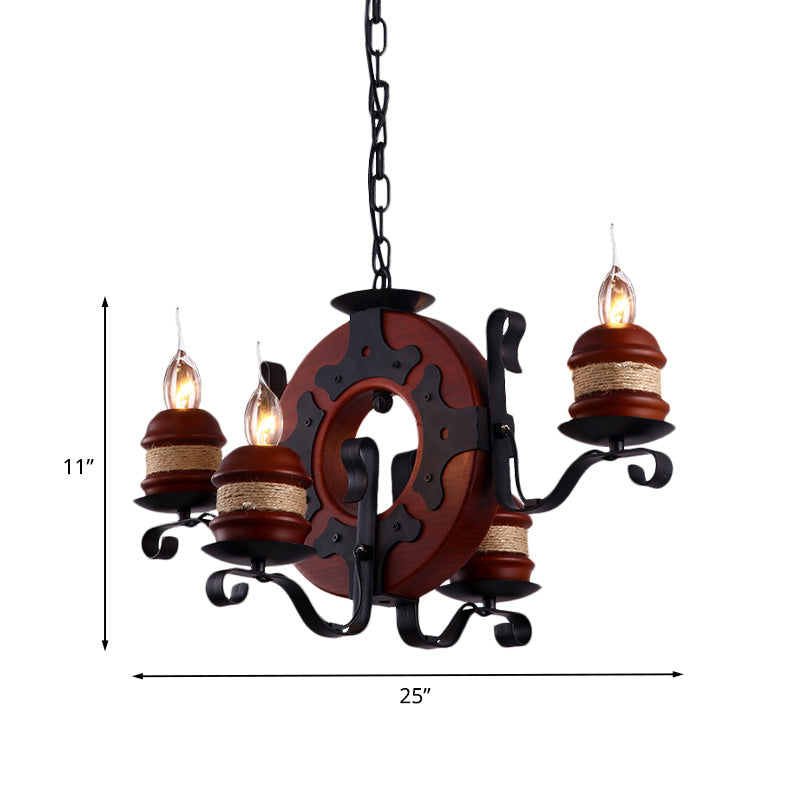 4/6 Lights Candle Chandelier Light Fixture Vintage Brown Wood Pendant Lighting with Round Design - Rebooters