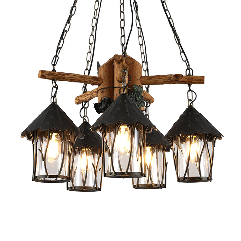 Black Lantern Chandelier Factory Style Clear Glass 5 Heads - Rebooters