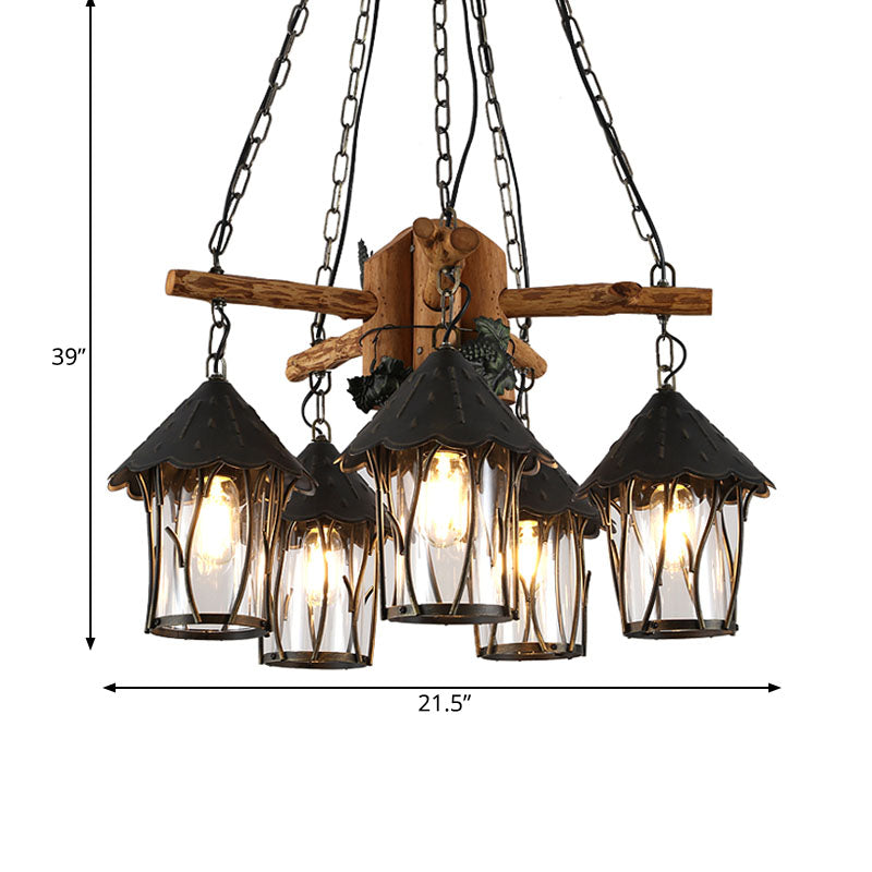 Black Lantern Chandelier Factory Style Clear Glass 5 Heads - Rebooters