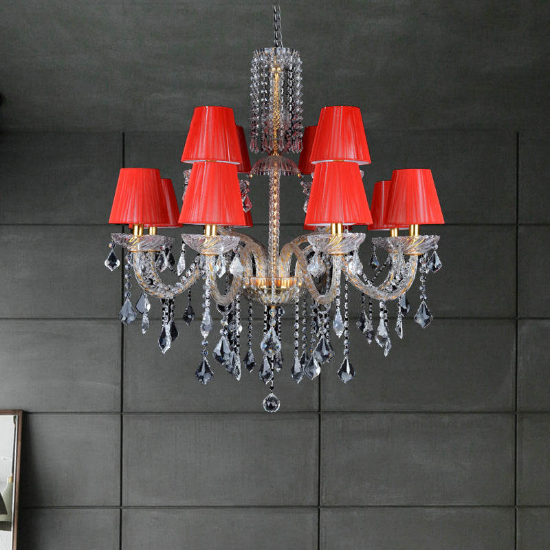 Red Cone Chandelier Lighting Vintage Fabric 12 Heads Lamp - Rebooters
