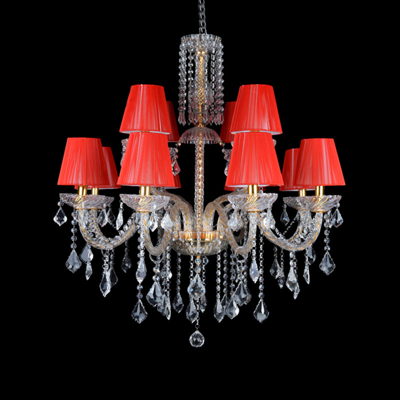 Red Cone Chandelier Lighting Vintage Fabric 12 Heads Lamp - Rebooters