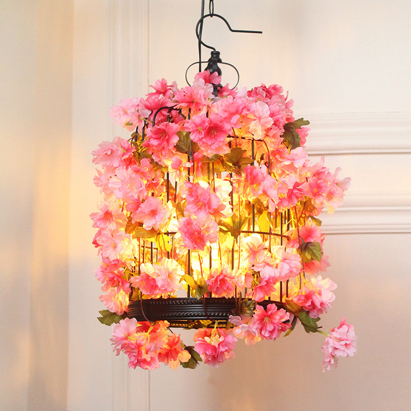 Birdcage Restaurant Chandelier Light Fixture Farm Iron 3 Heads Pink Flower Lamp Kit - Rebooters