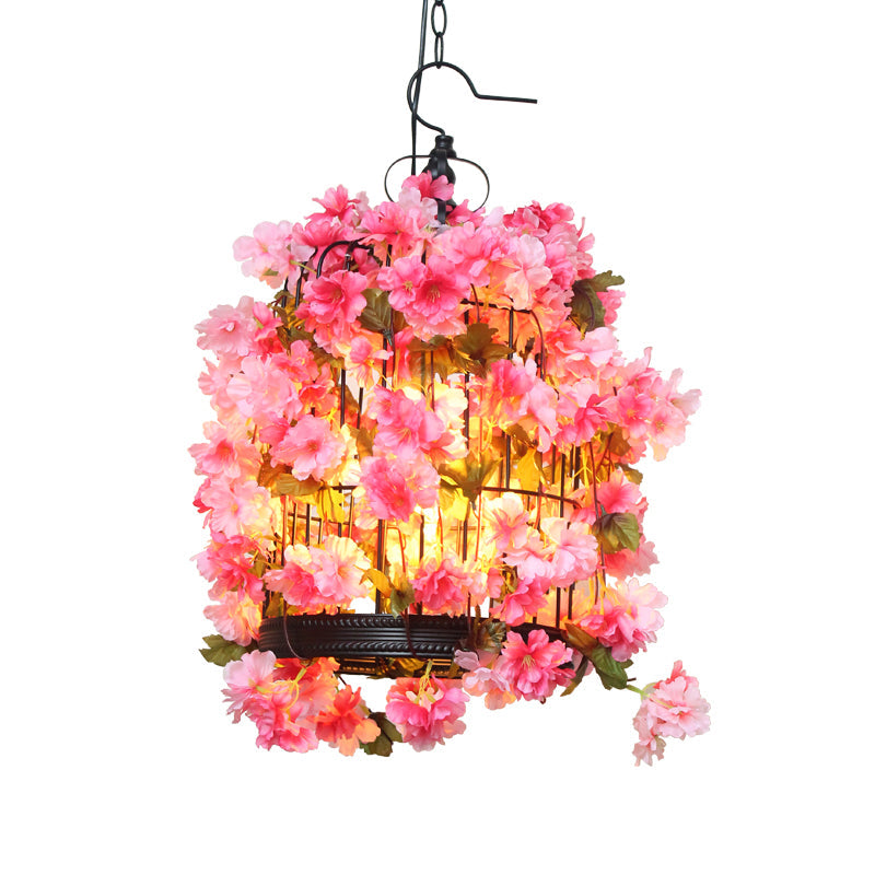 Birdcage Restaurant Chandelier Light Fixture Farm Iron 3 Heads Pink Flower Lamp Kit - Rebooters