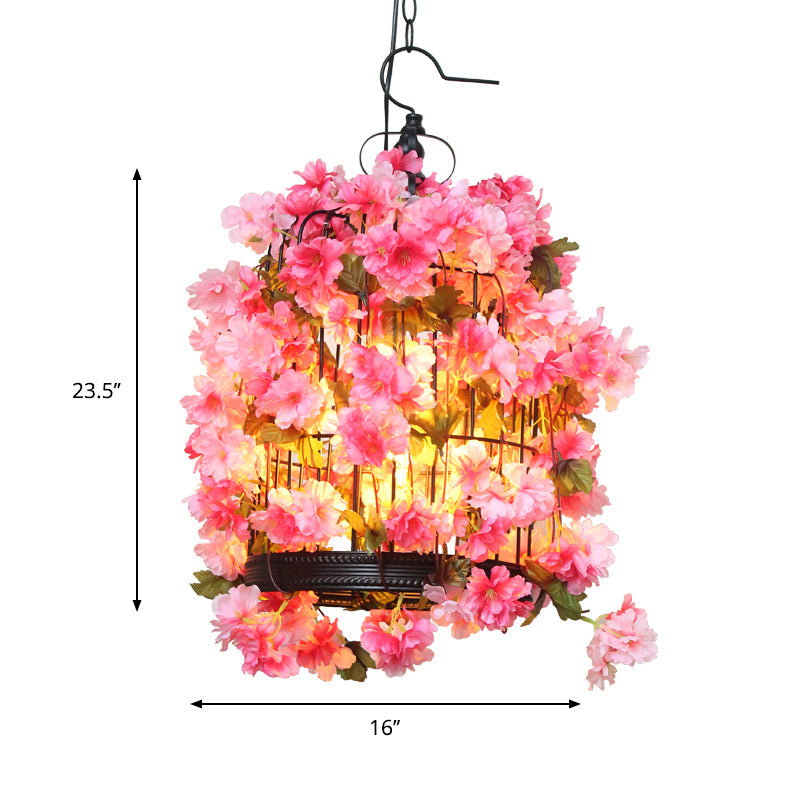 Birdcage Restaurant Chandelier Light Fixture Farm Iron 3 Heads Pink Flower Lamp Kit - Rebooters