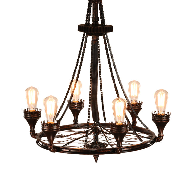 Rust Wheel Chandelier Pendant Light Industrial 6-Bulb Lamp - Rebooters