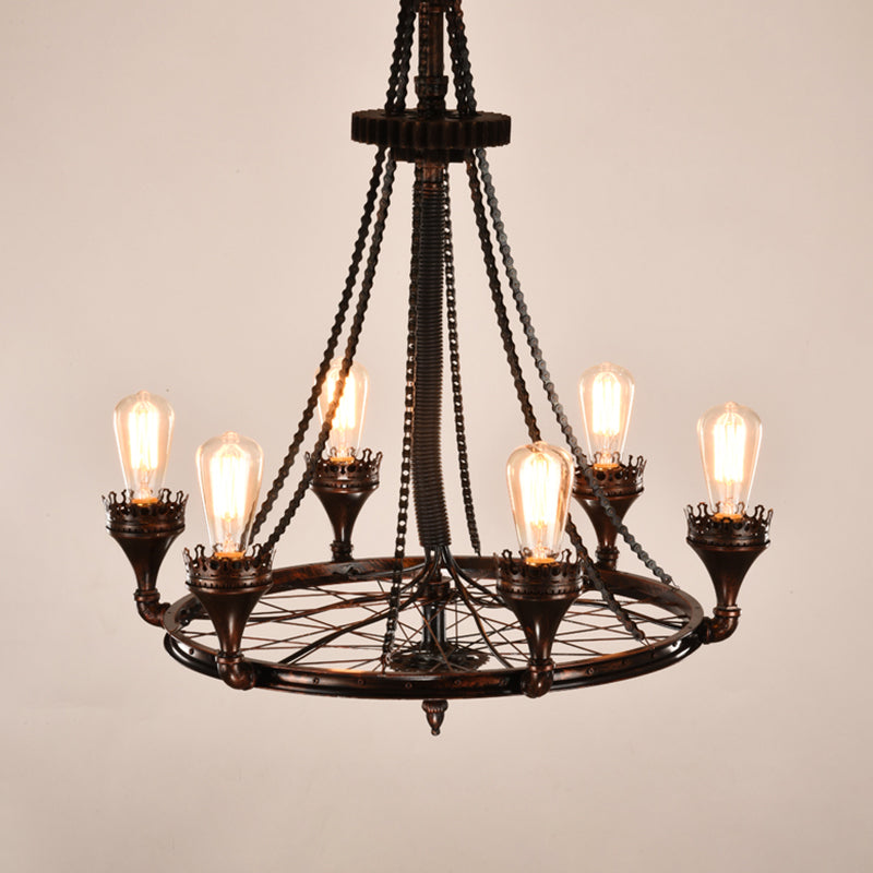 Rust Wheel Chandelier Pendant Light Industrial 6-Bulb Lamp - Rebooters